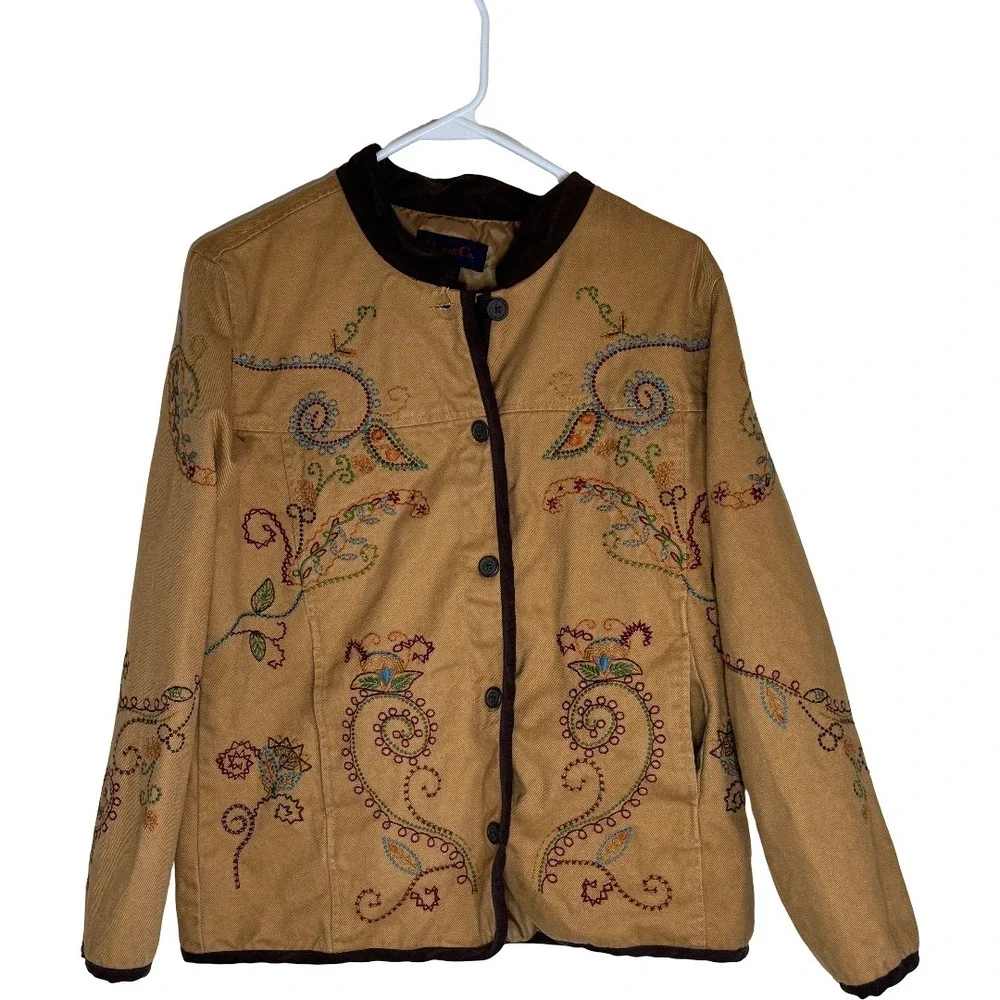 Denim & Co Womens Tan Corduroy Embroidered Floral‎ Paisley Jacket Medium A69383